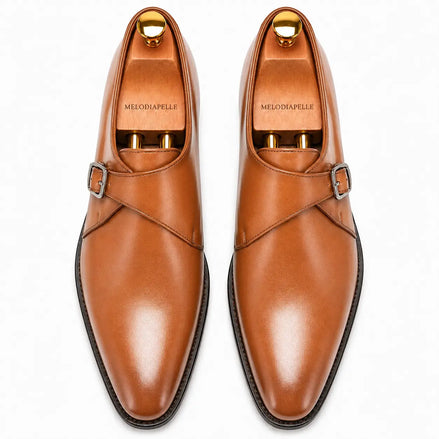 Melodiapelle Madrid Single Monk Strap in tan leather, pair top-down view, handcrafted in Agra