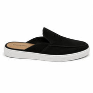 Side profile of the Madurai Mule in black suede on white background