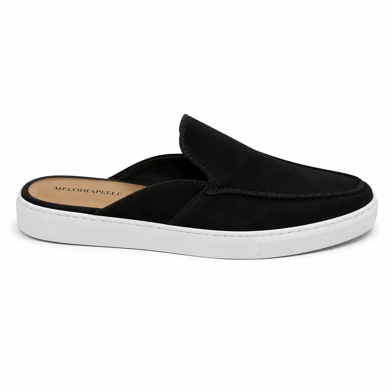 Side profile of the Madurai Mule in black suede on white background