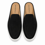 Melodiapelle Madurai Mule in black suede, pair top-down view, handcrafted in Agra