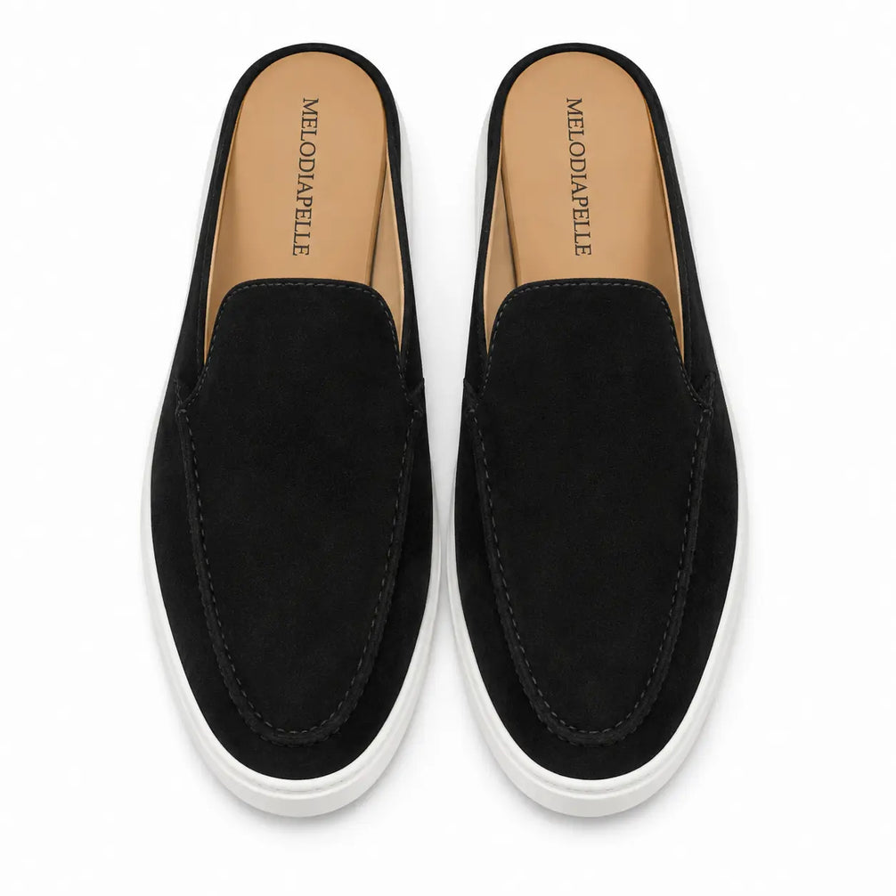 Melodiapelle Madurai Mule in black suede, pair top-down view, handcrafted in Agra
