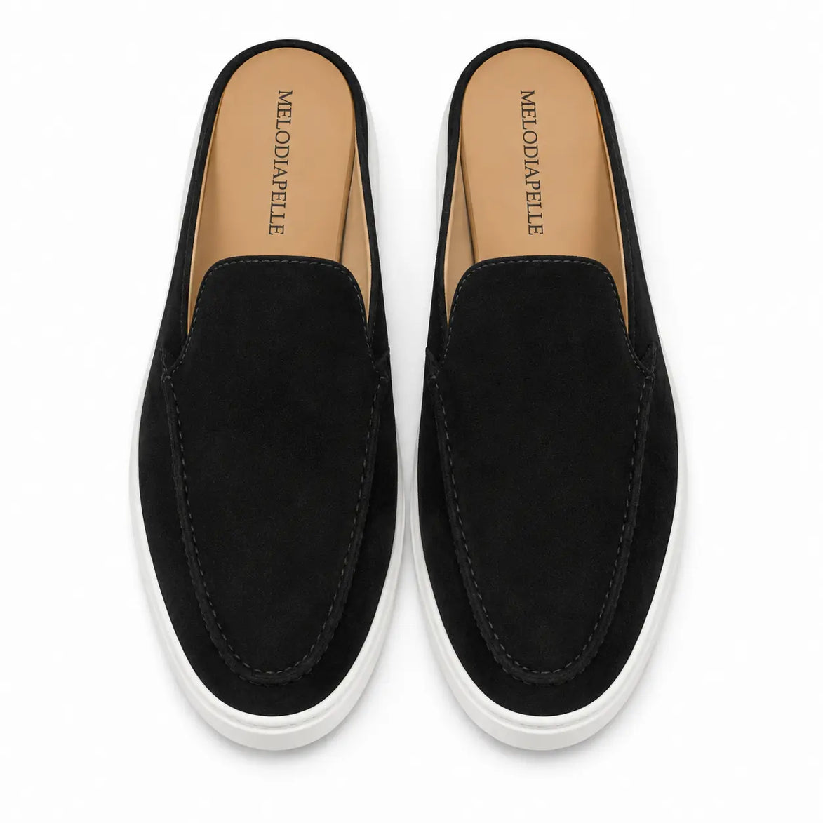 Melodiapelle Madurai Mule in black suede, pair top-down view, handcrafted in Agra
