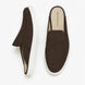 Dark brown suede mule with white sneaker-sole, three-quarter angle showing heel and sole detailing