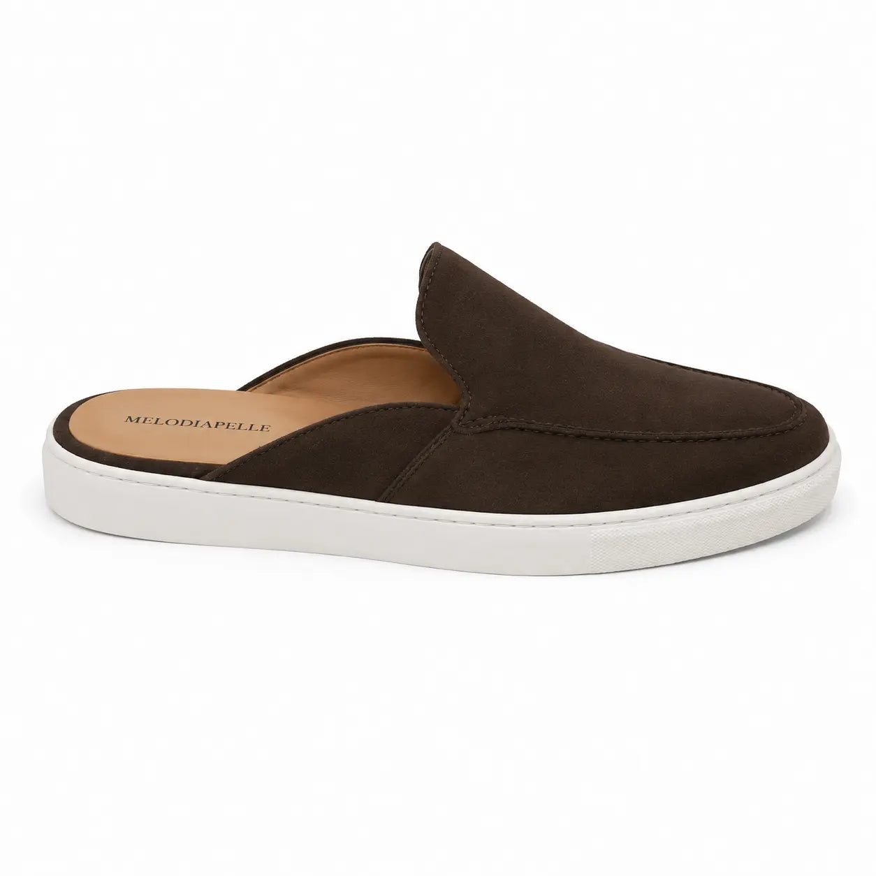 Side profile of the Madurai Mule in dark brown suede on white background