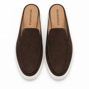 Melodiapelle Madurai Mule in dark brown suede, pair top-down view, handcrafted in Agra