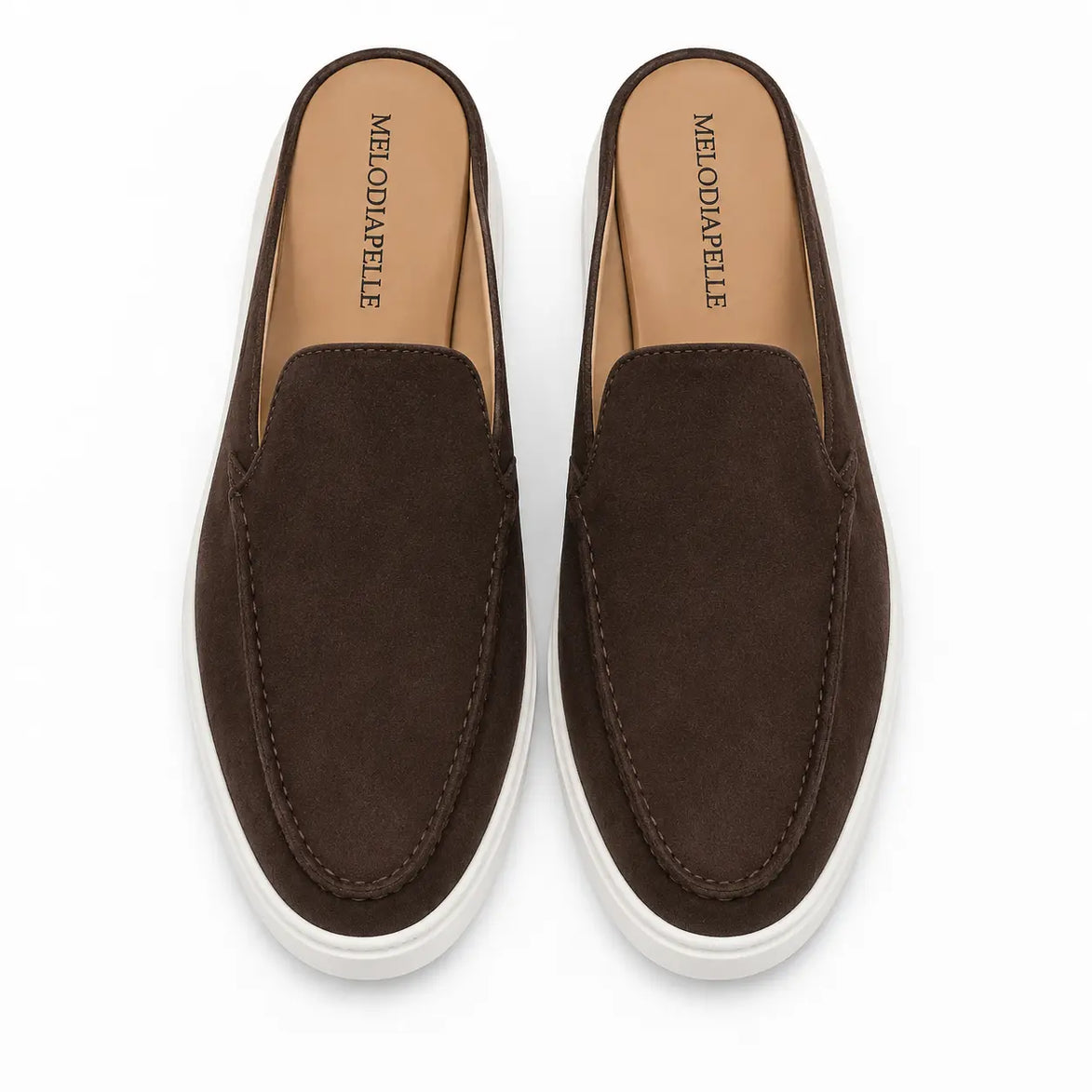 Melodiapelle Madurai Mule in dark brown suede, pair top-down view, handcrafted in Agra