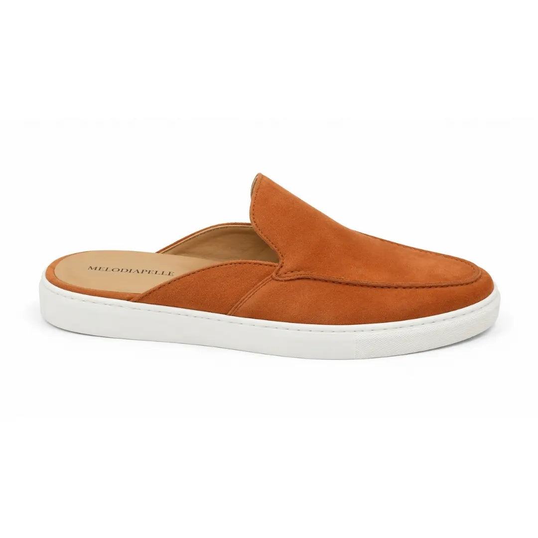 Side profile of the Madurai Mule in rust tan suede on white background
