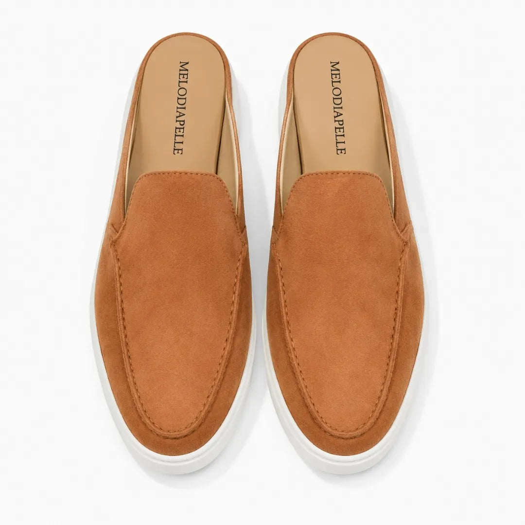 Melodiapelle Madurai Mule in rust tan suede, pair top-down view, handcrafted in Agra