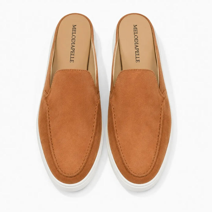 Melodiapelle Madurai Mule in rust tan suede, pair top-down view, handcrafted in Agra