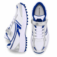 White and royal blue cricket shoe, three-quarter angle showing heel and sole detailing