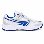 Side profile of the Maduro Cricket Shoe in white and royal blue on white background