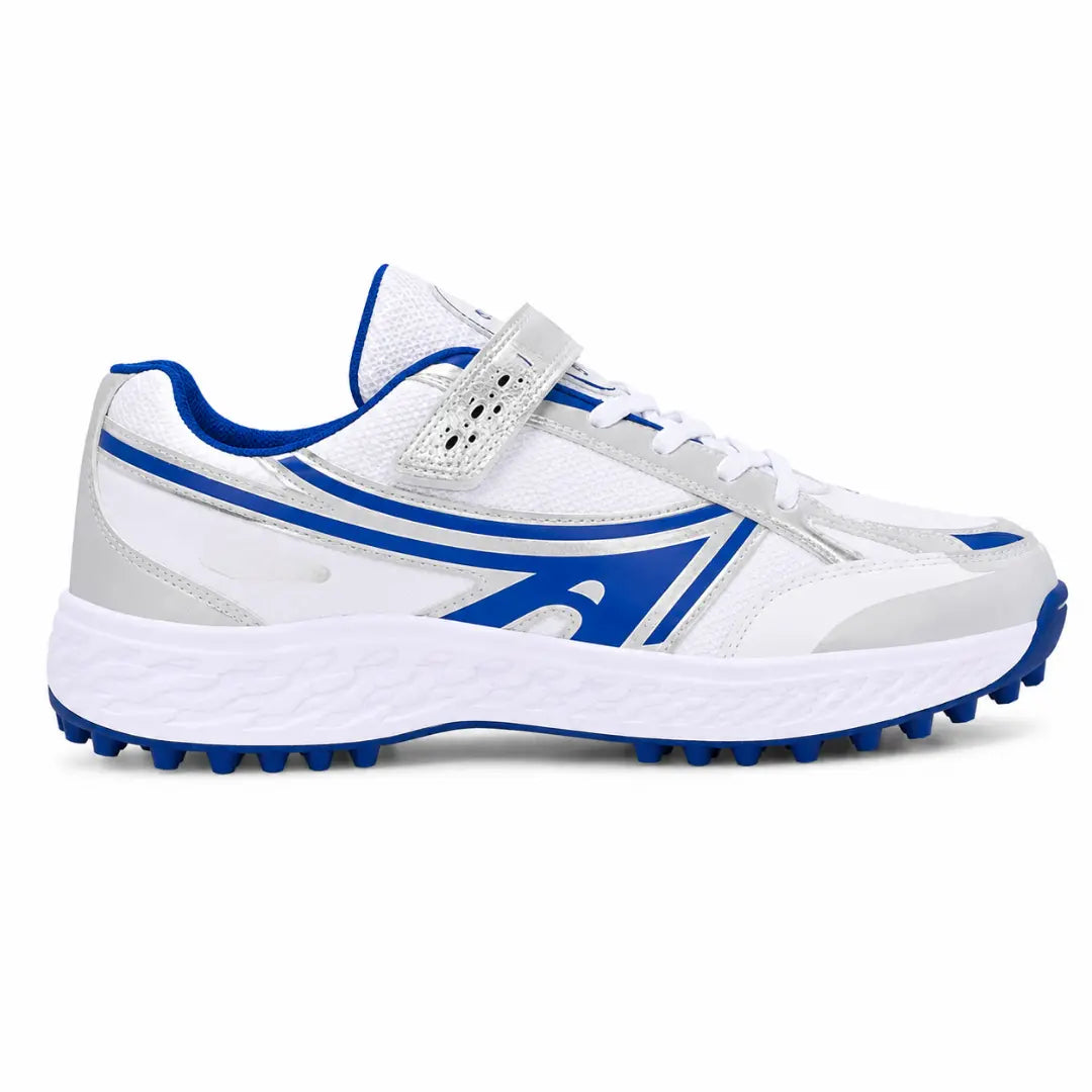 Side profile of the Maduro Cricket Shoe in white and royal blue on white background