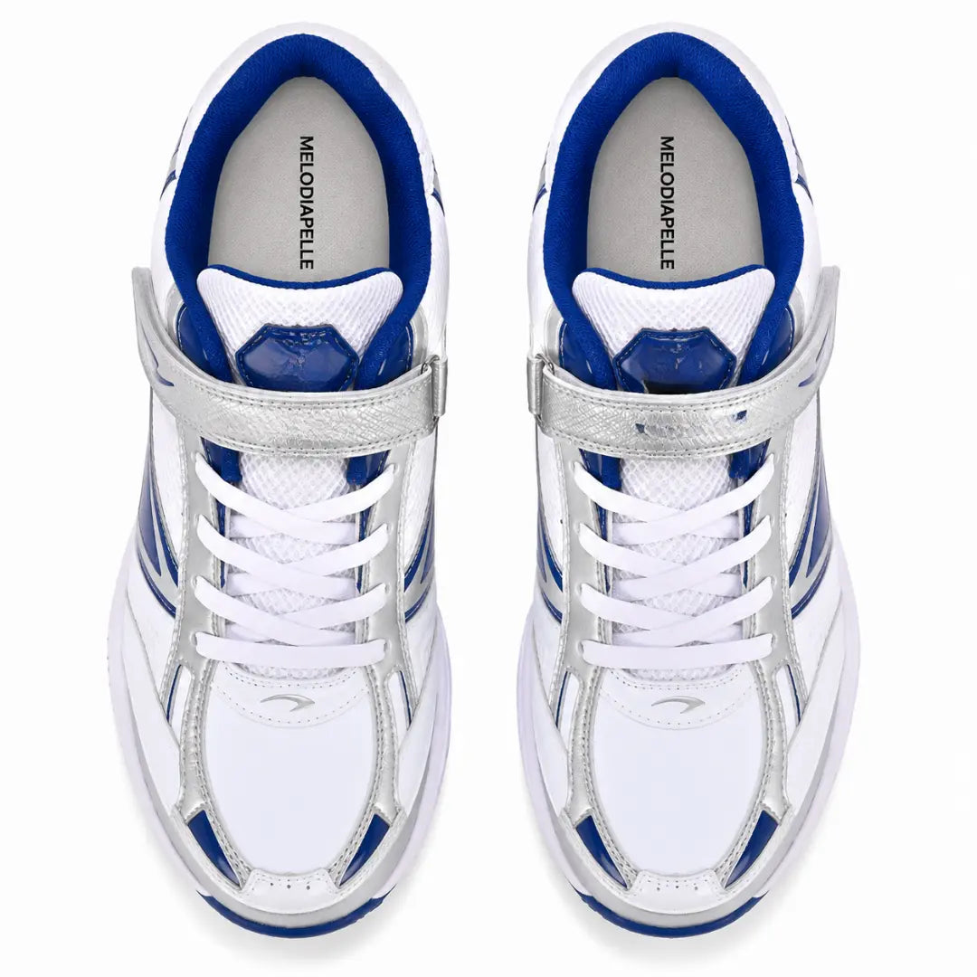Melodiapelle Maduro Cricket Shoe in white and royal blue, pair top-down view, handcrafted in Agra