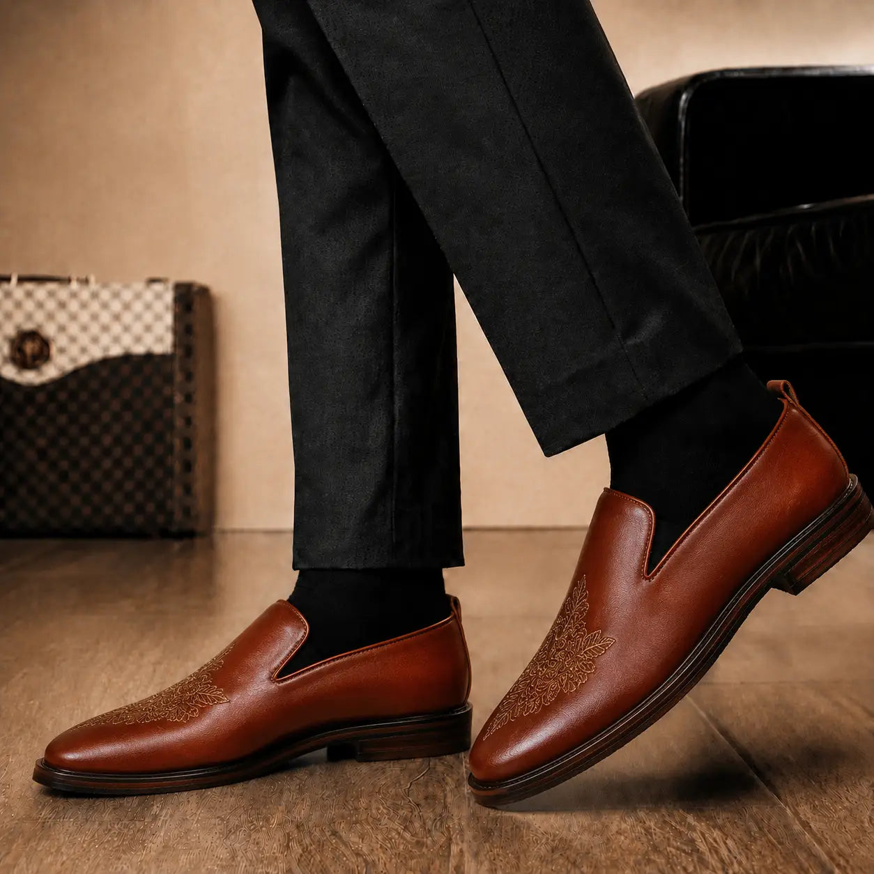 Melodiapelle Maestro Embroidered Opera Loafer in cognac tan leather worn with trousers, on-feet shot
