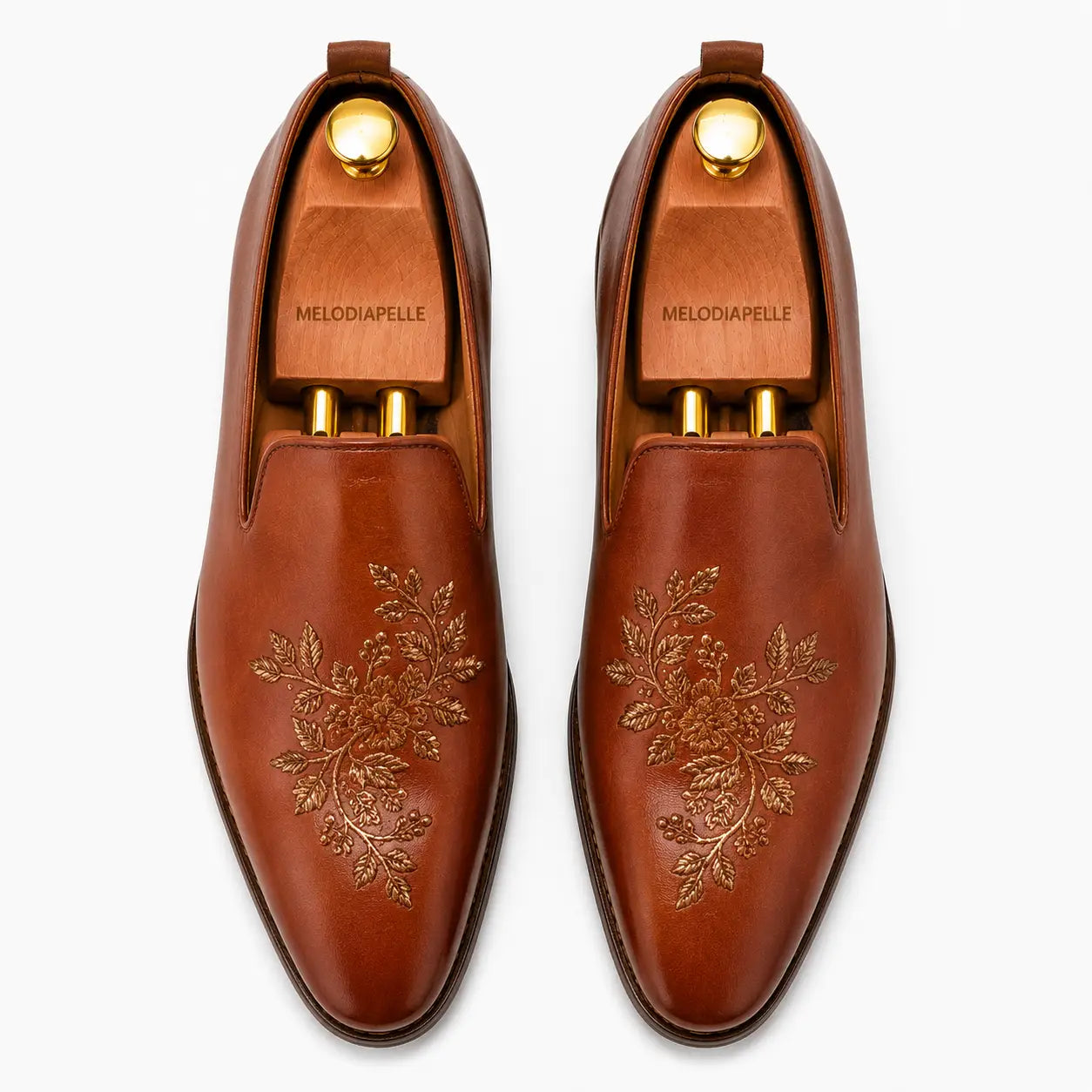 Melodiapelle Maestro Embroidered Opera Loafer in cognac tan leather with embroidered detailing, pair top-down view, handcrafted in Agra