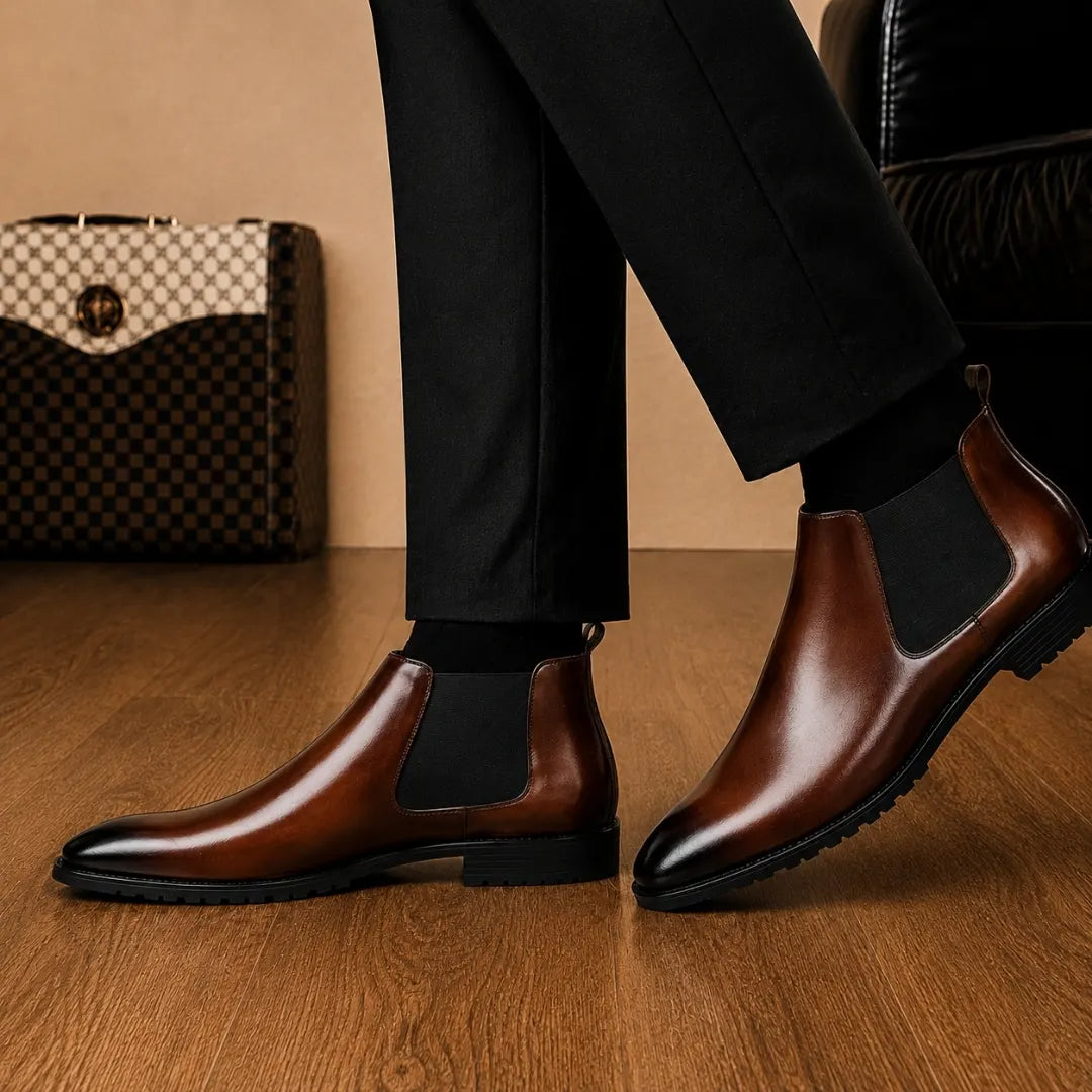 Melodiapelle Magna Chelsea Boot in dark brown leather worn with trousers, on-feet shot
