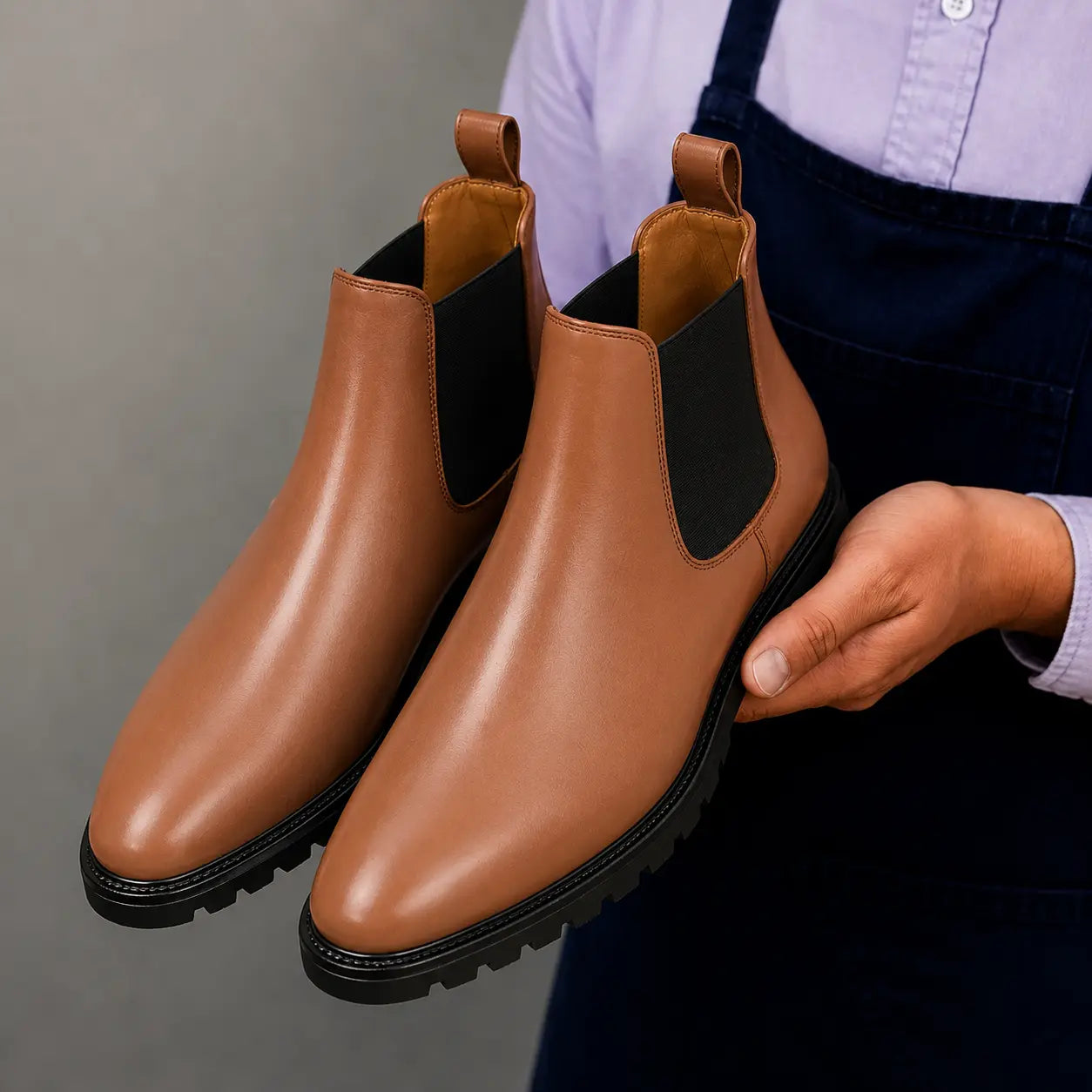 Man holding a pair of Melodiapelle Magna Chelsea Boots in tan leather, close-up