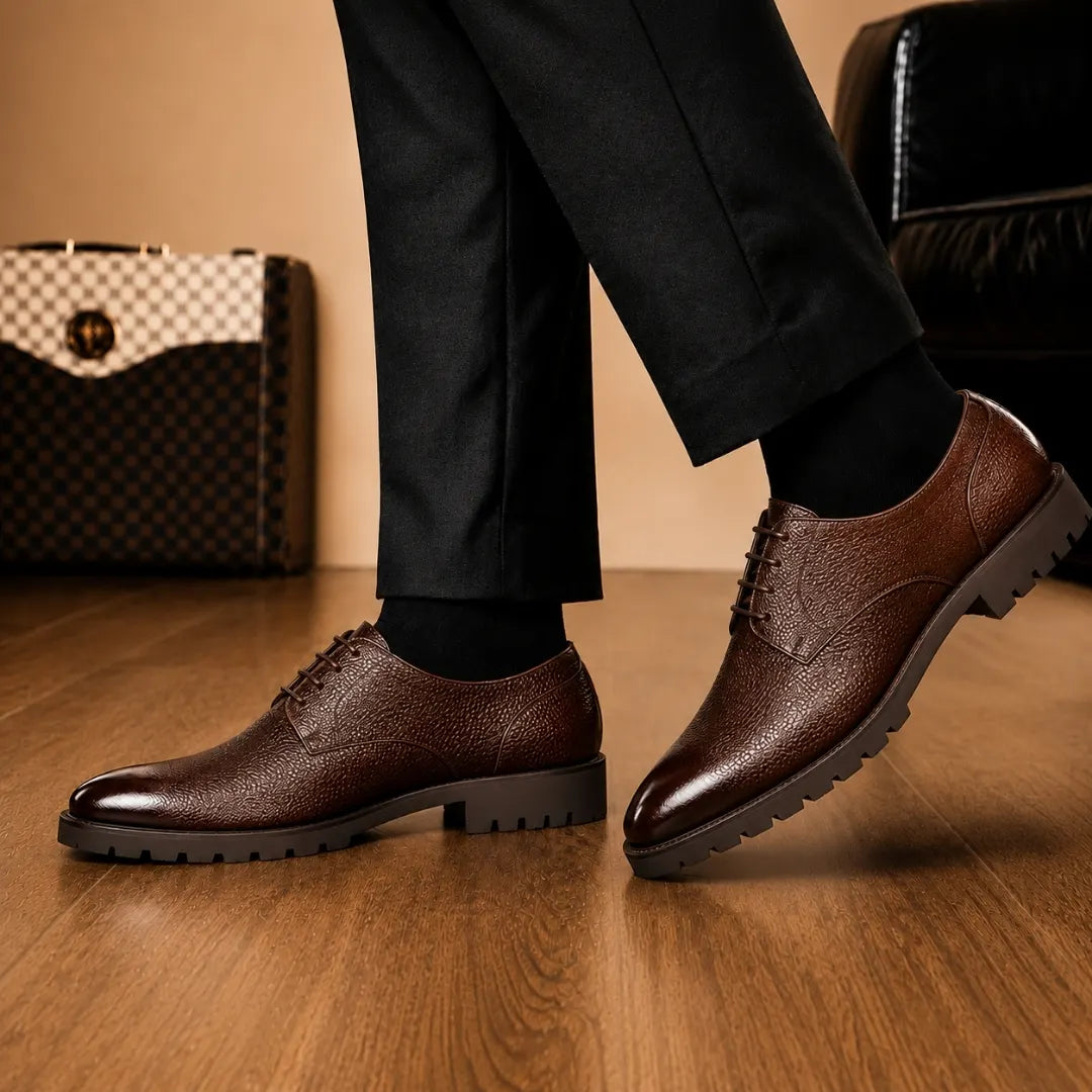 Melodiapelle Magnum Derby Shoe in dark brown leather worn with formal trousers, on-feet shot