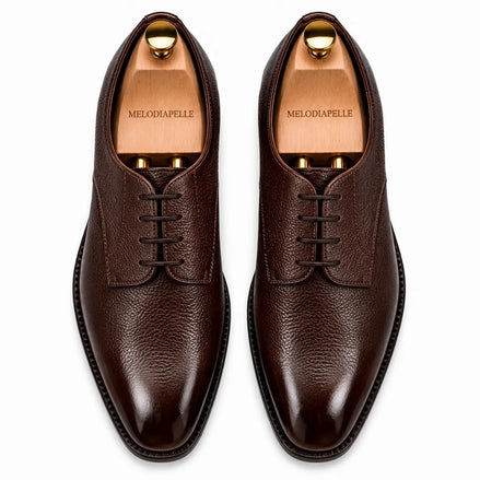 Melodiapelle Magnum Derby Shoe in dark brown leather, pair top-down view, handcrafted in Agra
