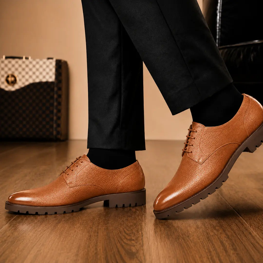 Melodiapelle Magnum Derby Shoe in tan leather worn with formal trousers, on-feet shot