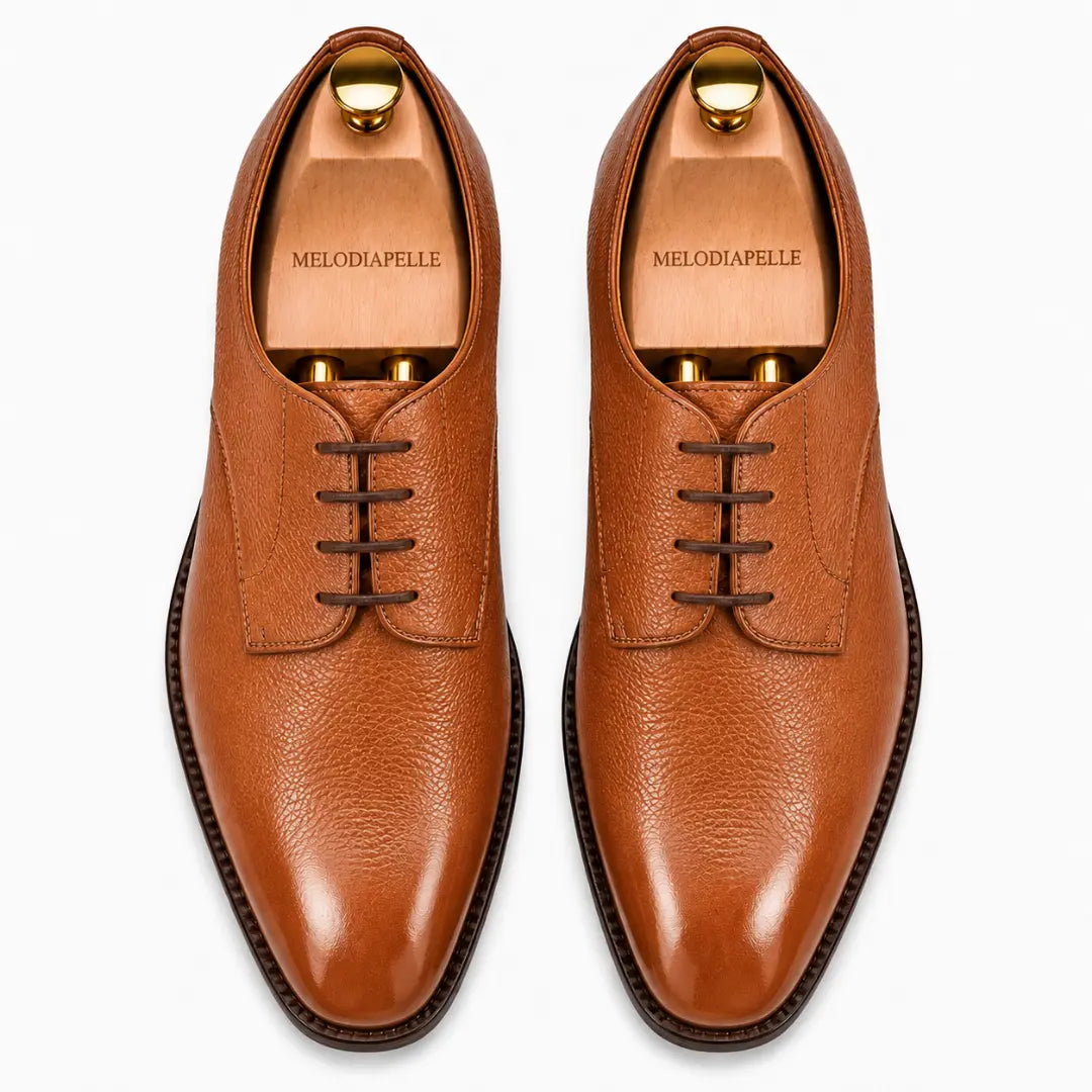 Melodiapelle Magnum Derby Shoe in tan leather, pair top-down view, handcrafted in Agra