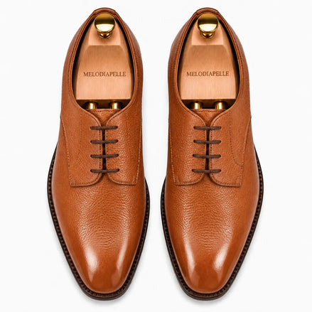 Melodiapelle Magnum Derby Shoe in tan leather, pair top-down view, handcrafted in Agra