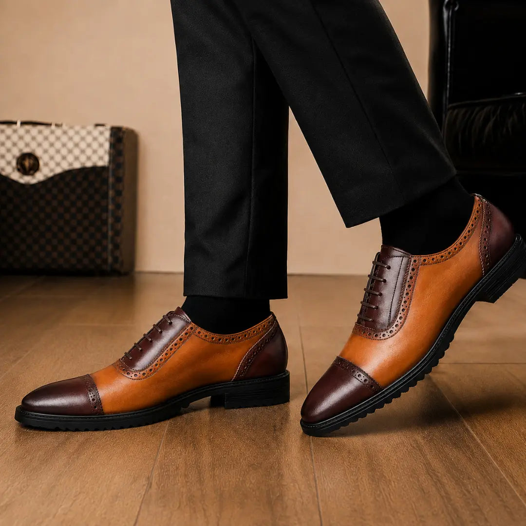 Melodiapelle Maiden Oxford Shoes in tan and dark brown leather worn with formal trousers, on-feet shot
