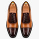 Melodiapelle Maiden Oxford Shoes in tan and dark brown leather, pair top-down view, handcrafted in Agra