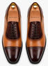 Melodiapelle Maiden Oxford Shoes in tan and dark brown leather, pair top-down view, handcrafted in Agra