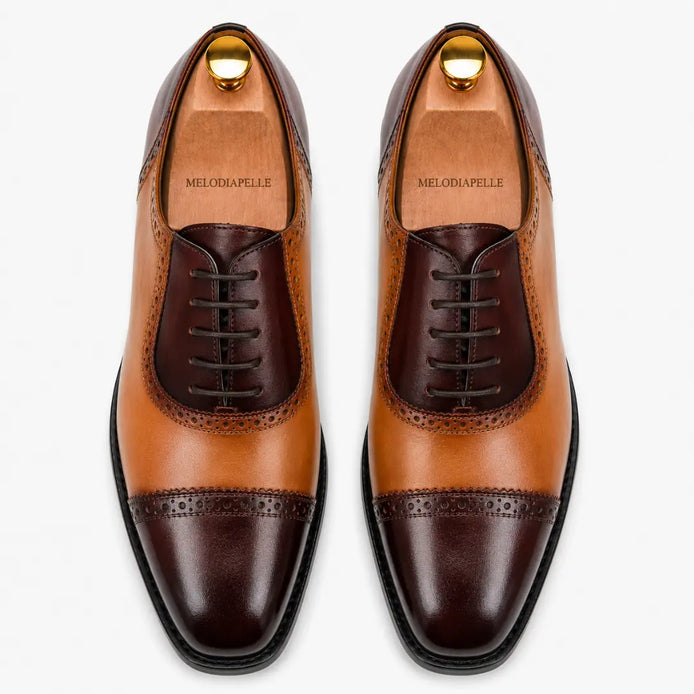Melodiapelle Maiden Oxford Shoes in tan and dark brown leather, pair top-down view, handcrafted in Agra