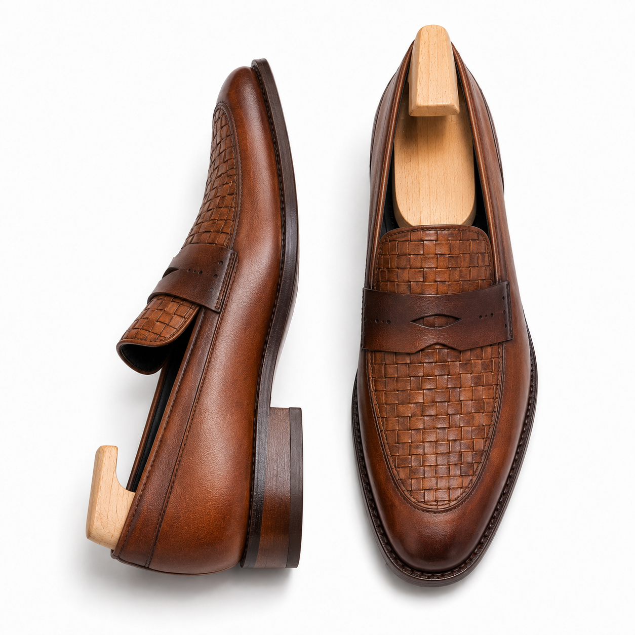 Cognac tan leather woven penny loafer, three-quarter angle showing heel and woven detailing