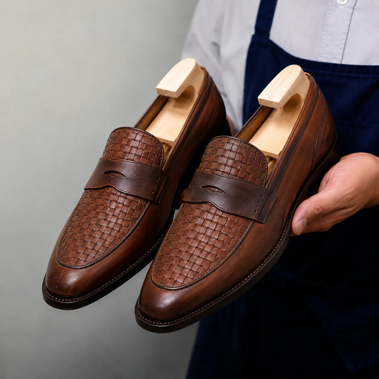 Man holding a pair of Melodiapelle Maison Woven Penny Loafer shoes in cognac tan leather, close-up