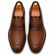 Melodiapelle Maison Woven Penny Loafer in cognac tan leather, pair top-down view, handcrafted in Agra