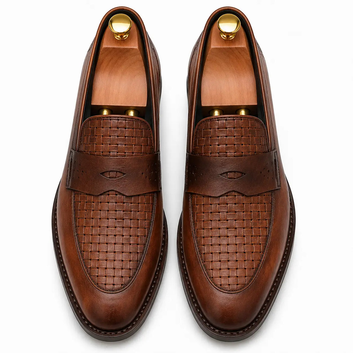 Melodiapelle Maison Woven Penny Loafer in cognac tan leather, pair top-down view, handcrafted in Agra