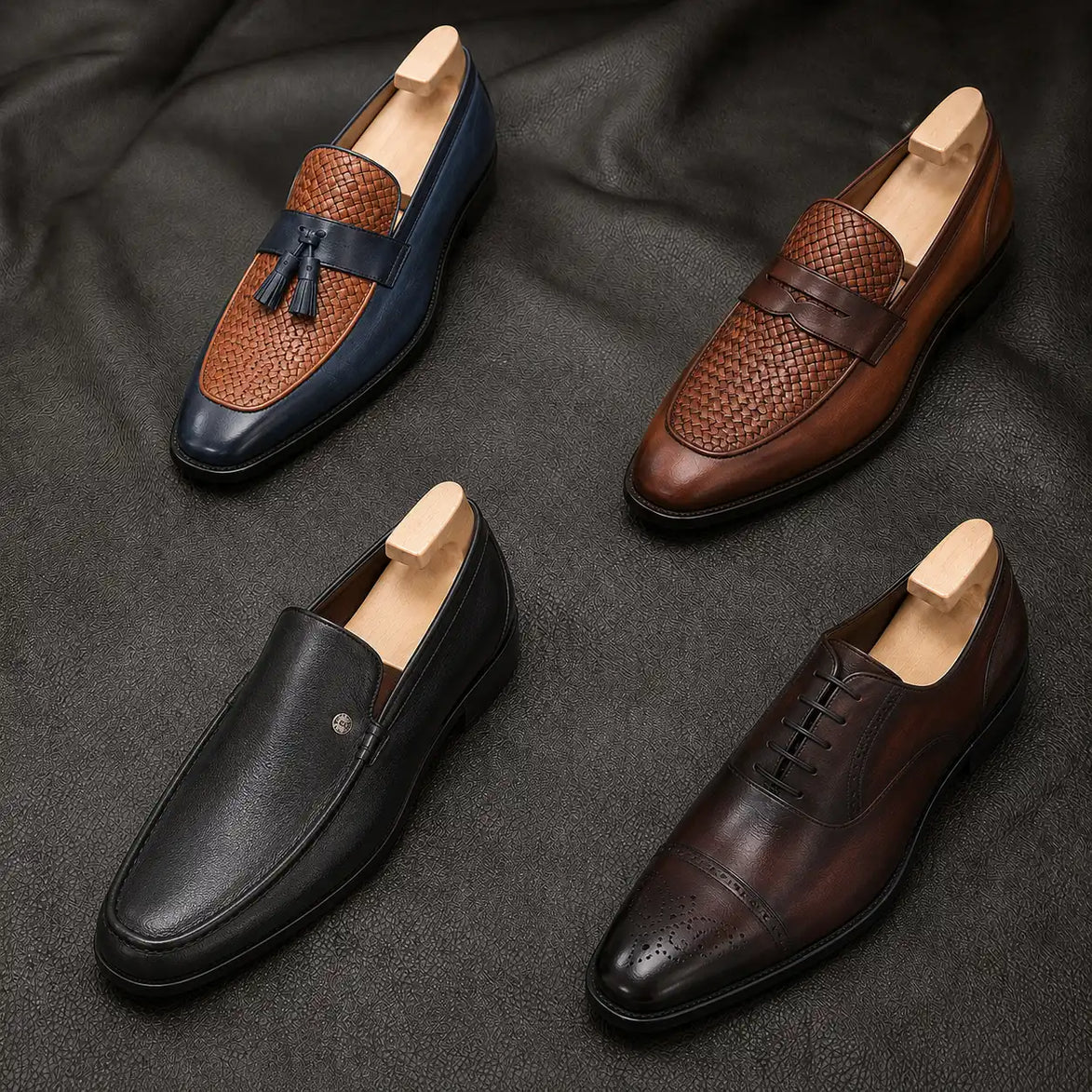 Melodiapelle Maison Woven Penny Loafer collection in tan, navy and black leather, handcrafted woven penny loafer shoes displayed together