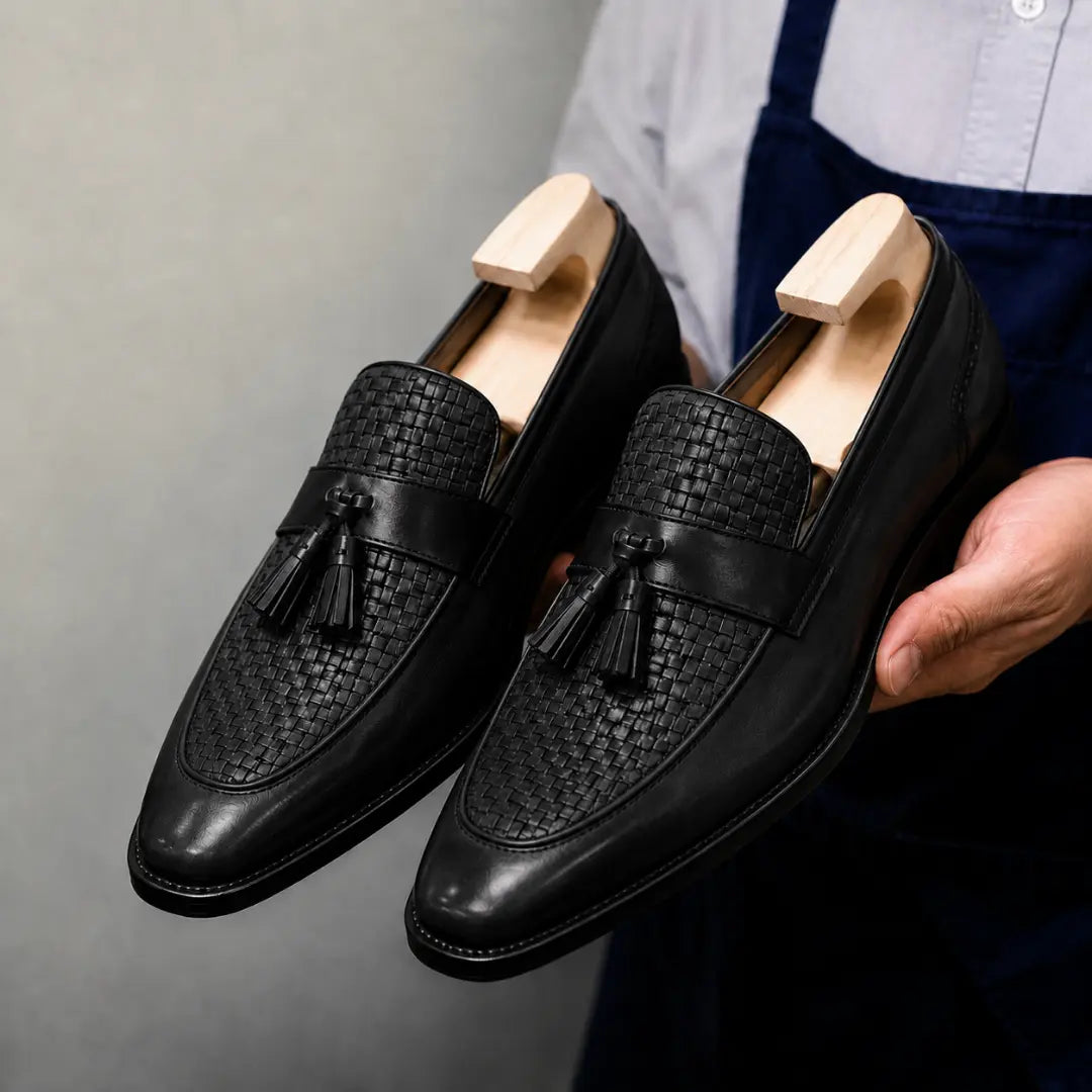 Man holding a pair of Melodiapelle Maison Woven Two-Tone Penny Loafer shoes in black leather, close-up