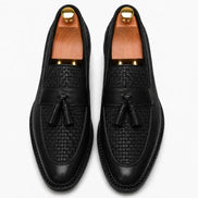 Melodiapelle Maison Woven Two-Tone Penny Loafer in black leather, pair top-down view, handcrafted in Agra