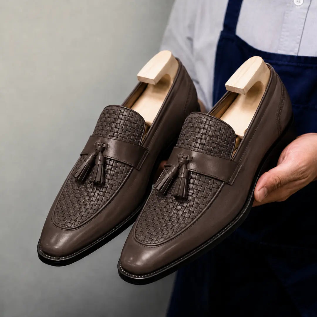 Man holding a pair of Melodiapelle Maison Woven Two-Tone Penny Loafer shoes in brown leather, close-up