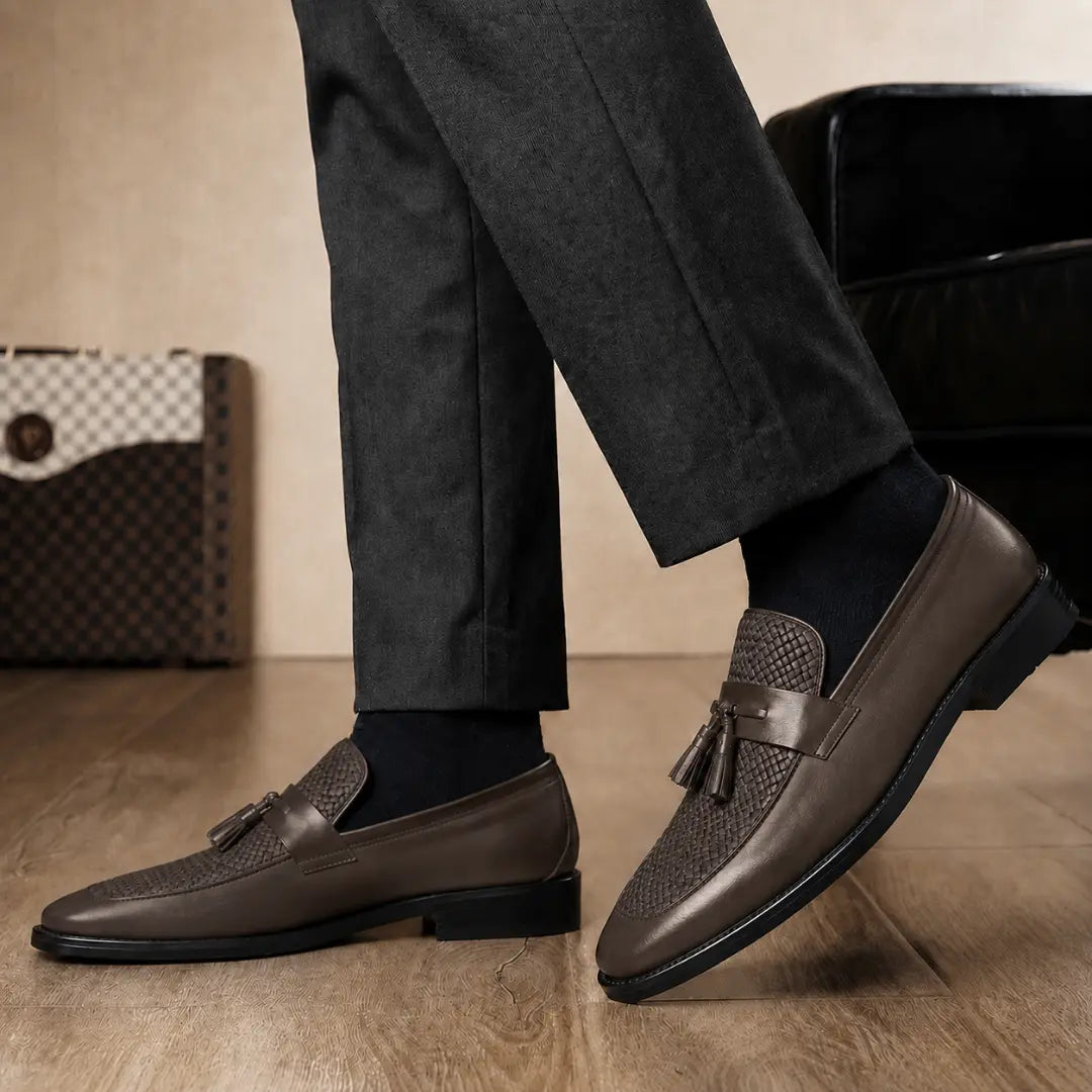 Melodiapelle Maison Woven Two-Tone Penny Loafer in brown leather worn with formal trousers, on-feet shot
