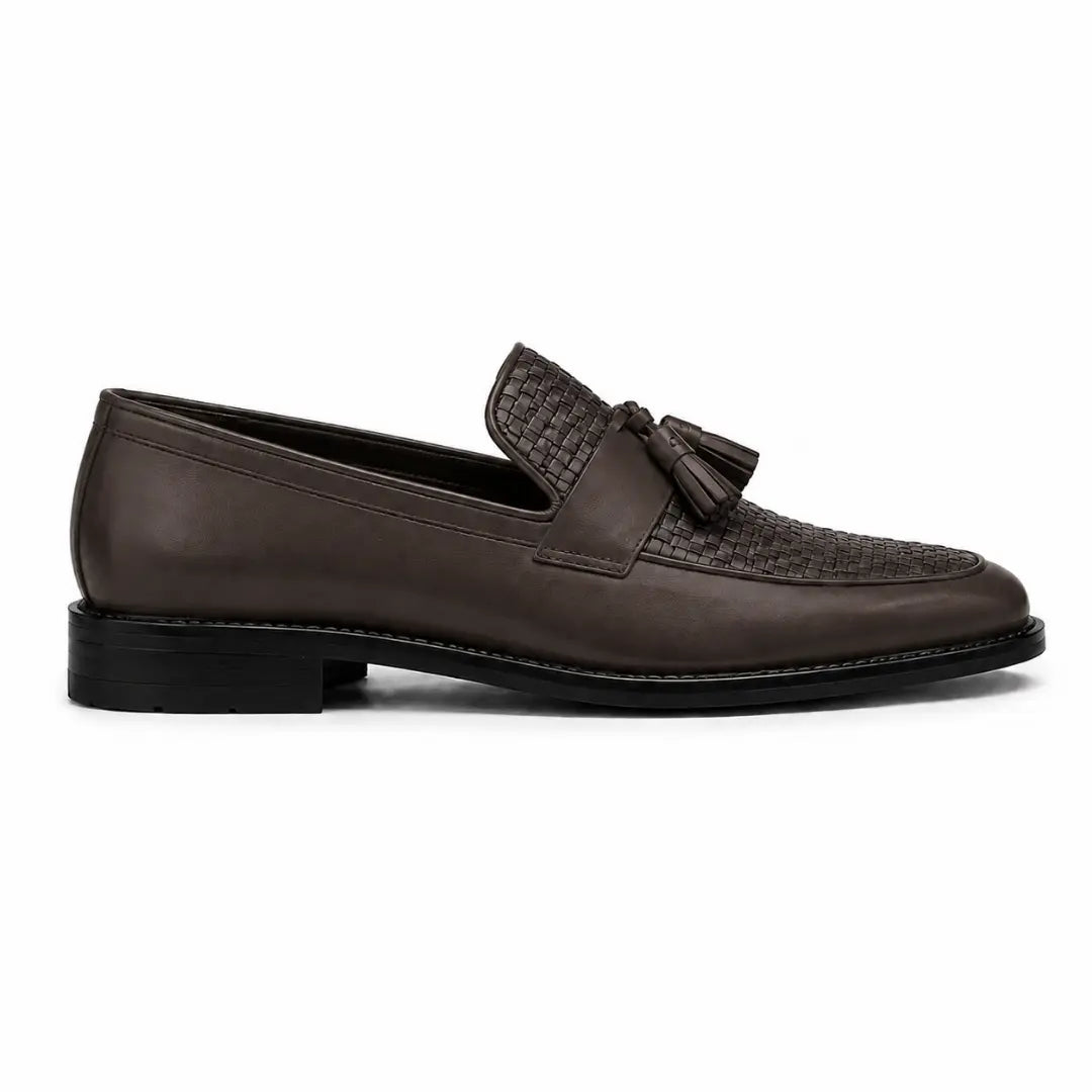 Side profile of the Maison Woven Two-Tone Penny Loafer in brown leather on white background