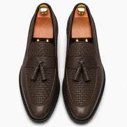 Melodiapelle Maison Woven Two-Tone Penny Loafer in brown leather, pair top-down view, handcrafted in Agra
