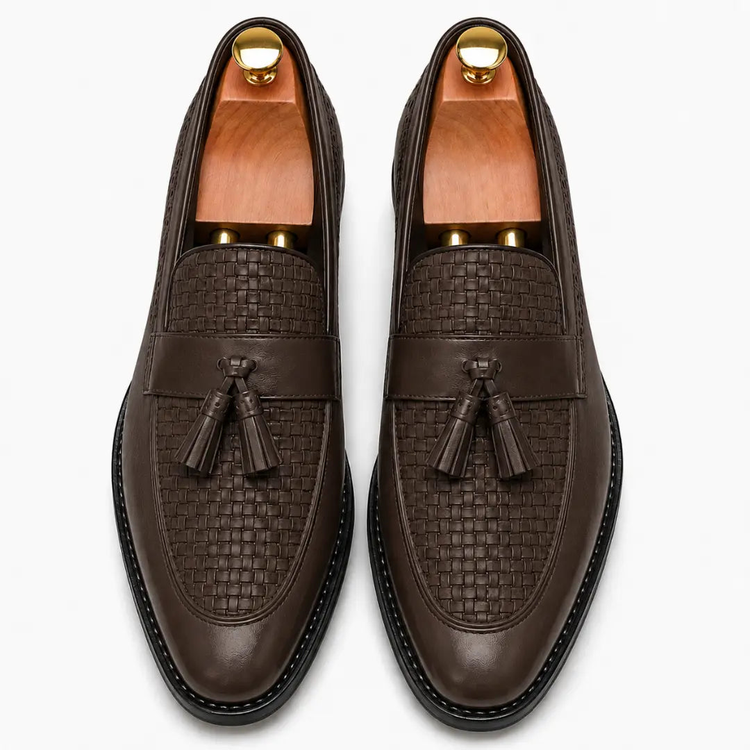 Melodiapelle Maison Woven Two-Tone Penny Loafer in brown leather, pair top-down view, handcrafted in Agra