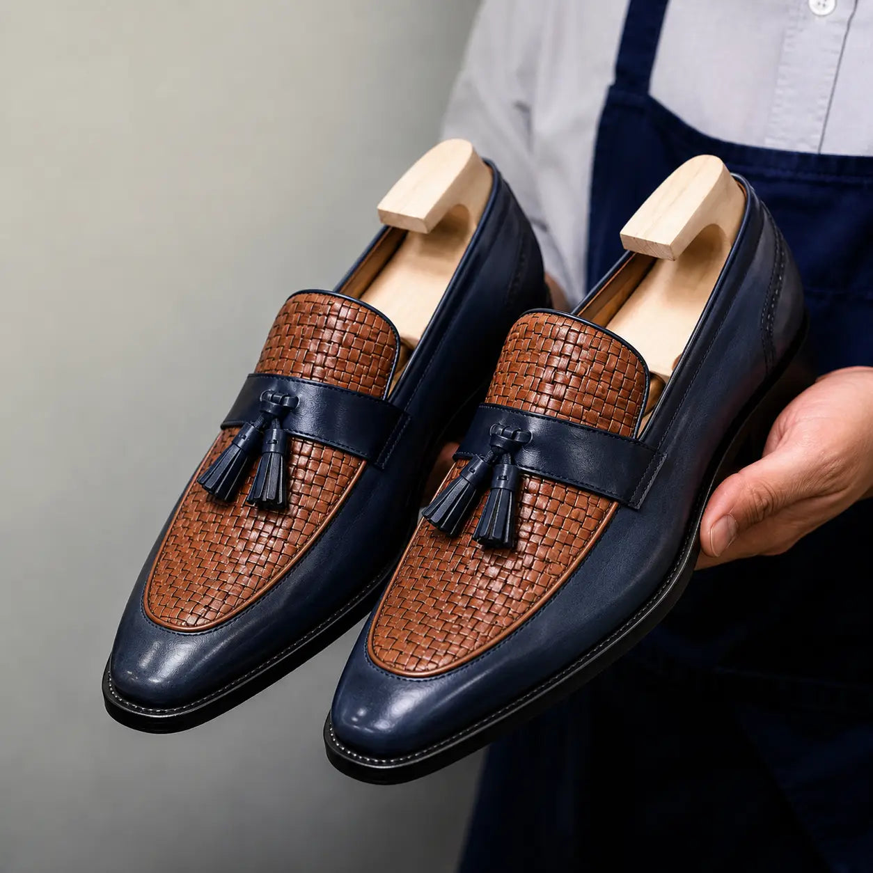 Man holding a pair of Melodiapelle Maison Woven Two-Tone Penny Loafer shoes in midnight navy and tan leather, close-up