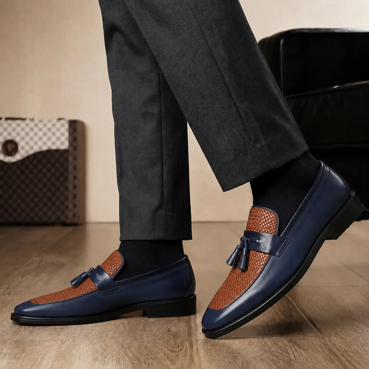 Melodiapelle Maison Woven Two-Tone Penny Loafer in midnight navy and tan leather worn with formal trousers, on-feet shot