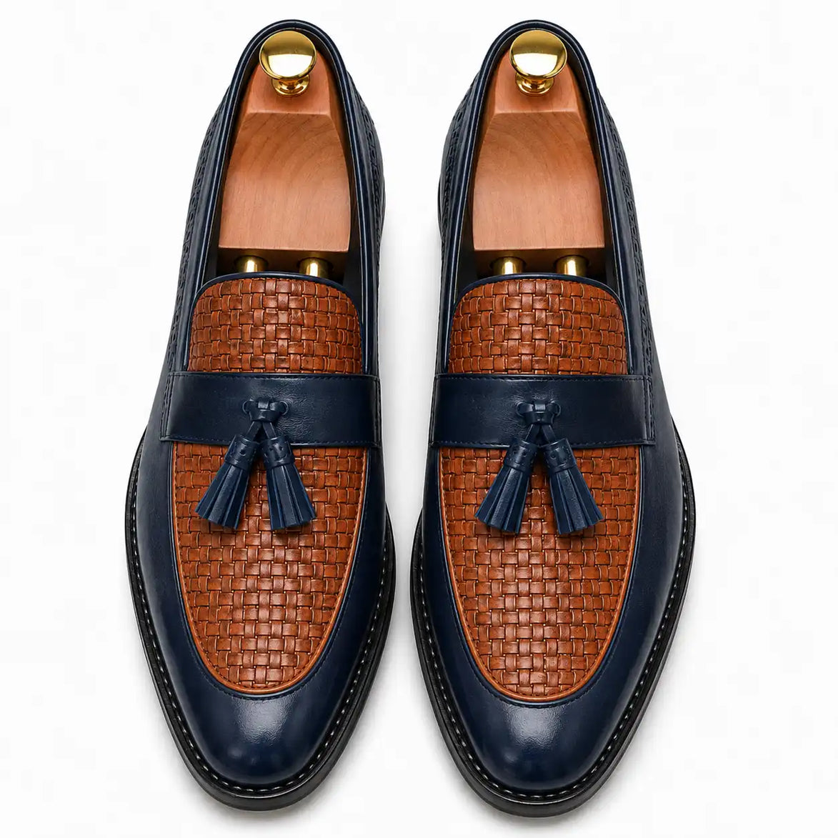 Melodiapelle Maison Woven Two-Tone Penny Loafer in midnight navy and tan leather, pair top-down view, handcrafted in Agra