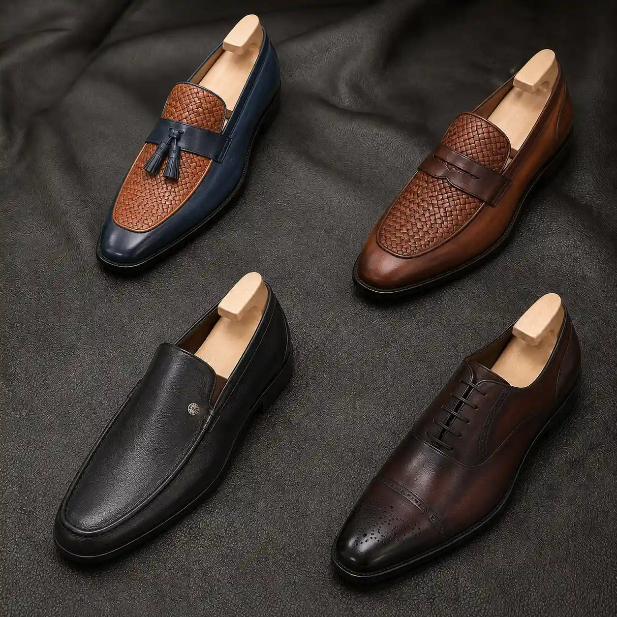 Melodiapelle Maison Woven Two-Tone Penny Loafer collection in navy, black, brown and tan leather, handcrafted woven tassel loafer shoes displayed together
