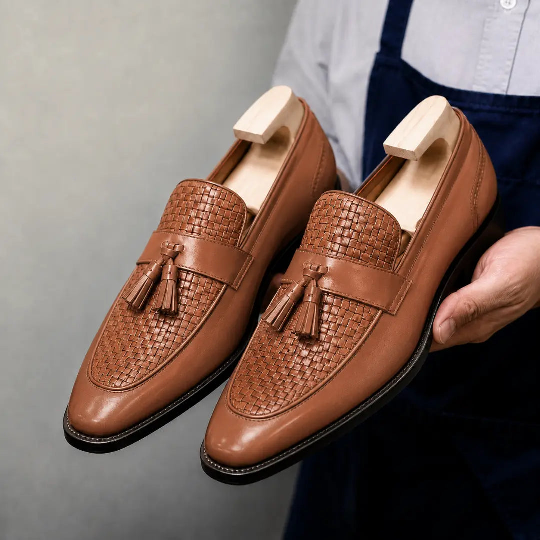 Man holding a pair of Melodiapelle Maison Woven Two-Tone Penny Loafer shoes in tan leather, close-up