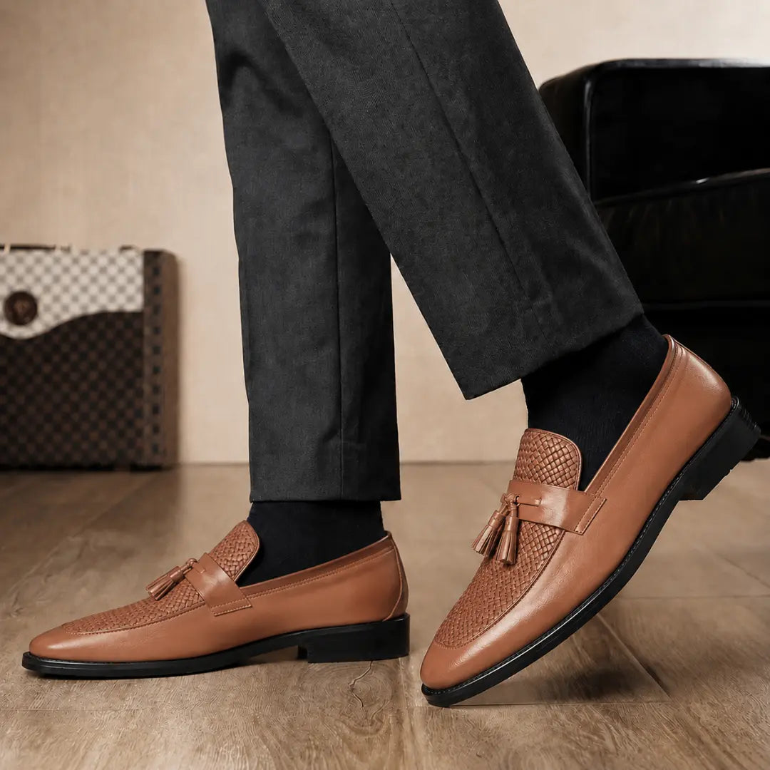 Melodiapelle Maison Woven Two-Tone Penny Loafer in tan leather worn with formal trousers, on-feet shot