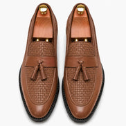 Melodiapelle Maison Woven Two-Tone Penny Loafer in tan leather, pair top-down view, handcrafted in Agra