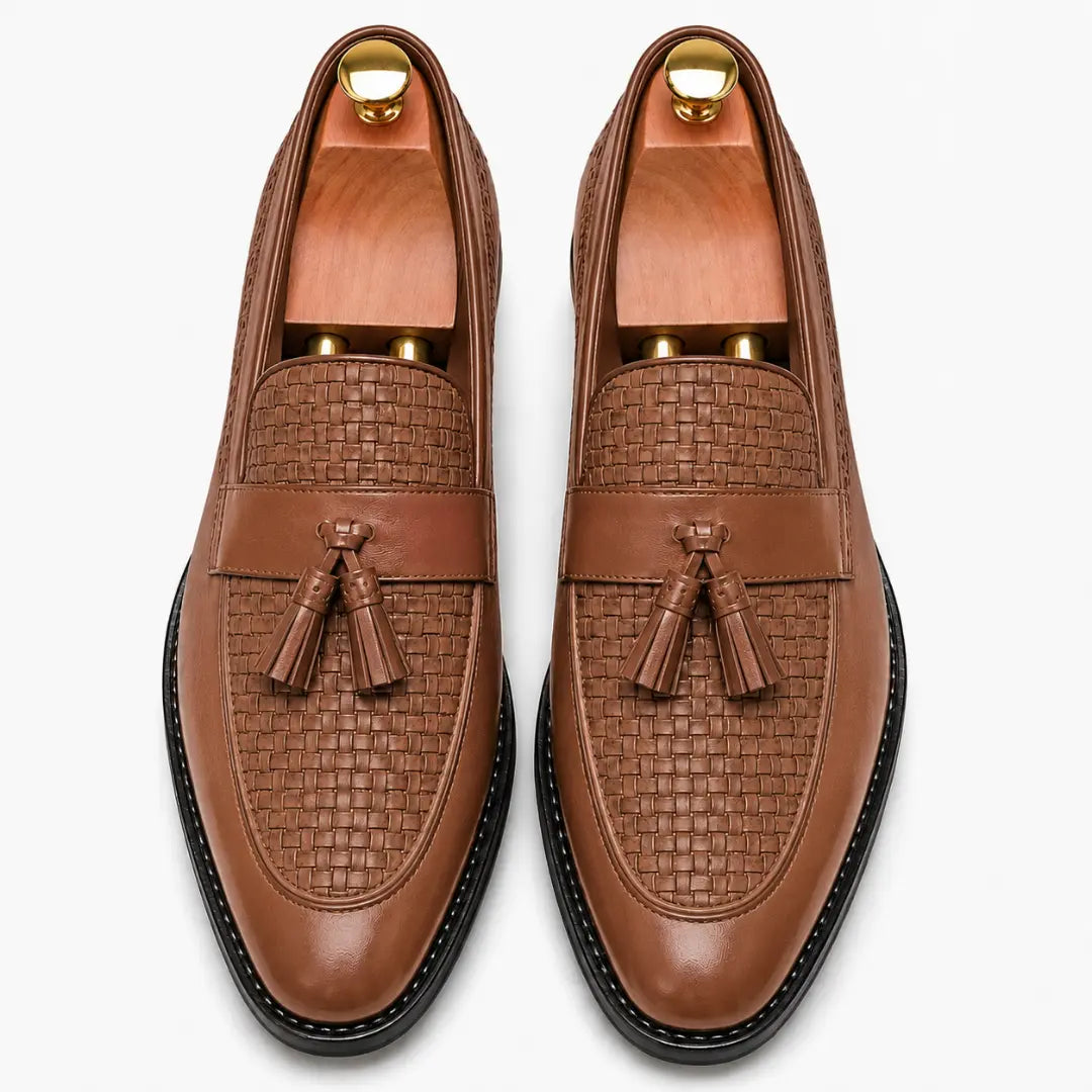 Melodiapelle Maison Woven Two-Tone Penny Loafer in tan leather, pair top-down view, handcrafted in Agra